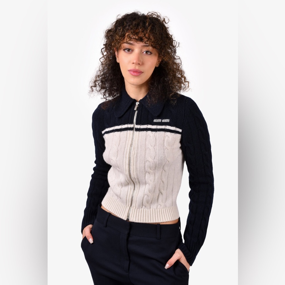 Miu Miu Navy and Cream Cable Knit Sweater.